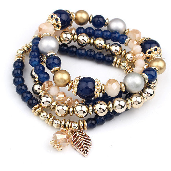 Fashion Multilayer Crystal Beads Leave Tassel Bracelets - jewelery-light