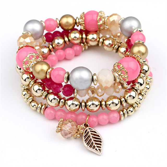 Fashion Multilayer Crystal Beads Leave Tassel Bracelets - jewelery-light
