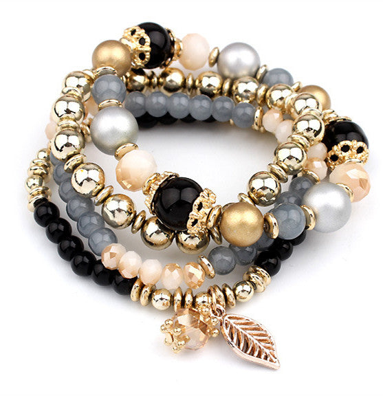 Fashion Multilayer Crystal Beads Leave Tassel Bracelets - jewelery-light
