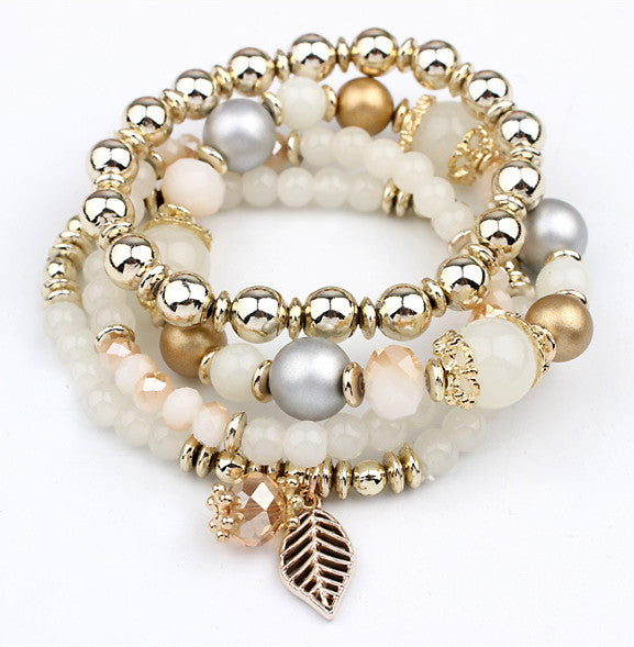 Fashion Multilayer Crystal Beads Leave Tassel Bracelets - jewelery-light